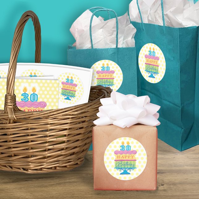 30. Happy Birthday Cake Yellow Dots Runder Aufkleber (Von Creator hochgeladen)