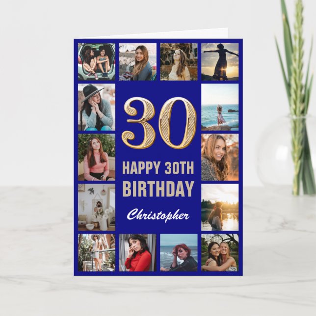 30. Happy Birthday Navy Blue & Gold Foto Collage Karte (Vorderseite)