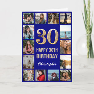 30. Happy Birthday Navy Blue & Gold Foto Collage Karte