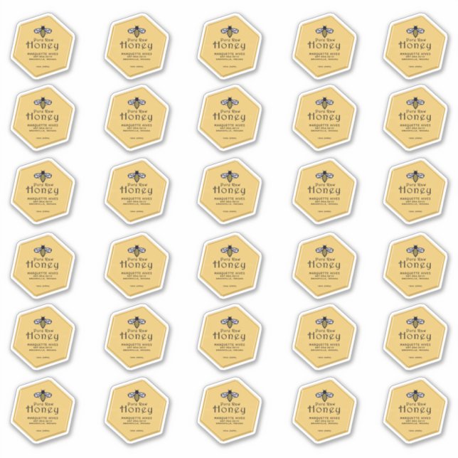 30 hexagonförmiger, wasserfester, gelber Honig mit Aufkleber (Vorderseite)