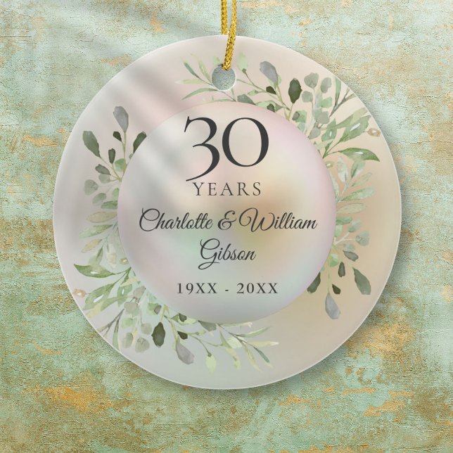 30. Hochzeit Jubiläum Wasserfarbenwelt Pearl Keramik Ornament (30th Wedding Anniversary Watercolor Greenery Pearl Ceramic Ornament)