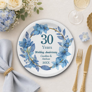 30. Hochzeitstag mit blauen Blumen und Perlen Pappteller