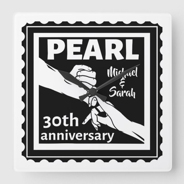 30. Hochzeitstag schwarz-weiß romantisch Quadratische Wanduhr (Vorderseite)