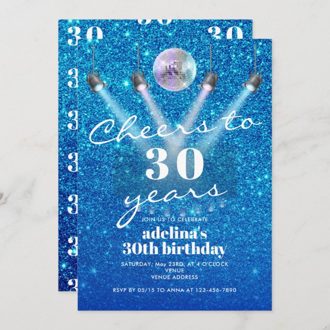 30 Jahre Blue Glam Disco Retro Geburtstag Einladung (Vorne/Hinten)