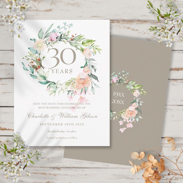 30. Jubiläum Save the Date Rose Garland Postkarte (30th Anniversary Save the Date Roses Garland Postcard)