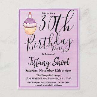 30. Lila Wasserfarbe Cupcake Geburtstag Einladungspostkarte