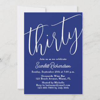 30 moderne Script Navy Blue 30. Geburtstags-Party Einladung