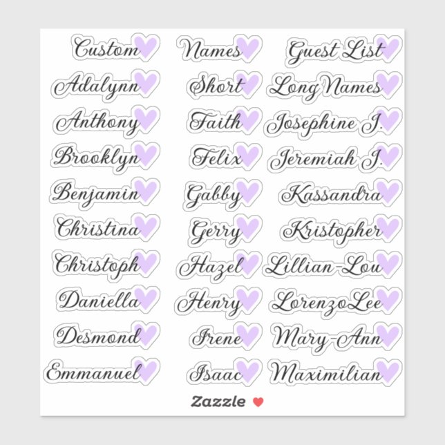 30 Namen Custom Guest List Calligraphy Lilac Heart Aufkleber (Blatt)