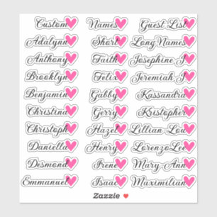 30 Namen Custom Guest List Calligraphy Pink Heart Aufkleber