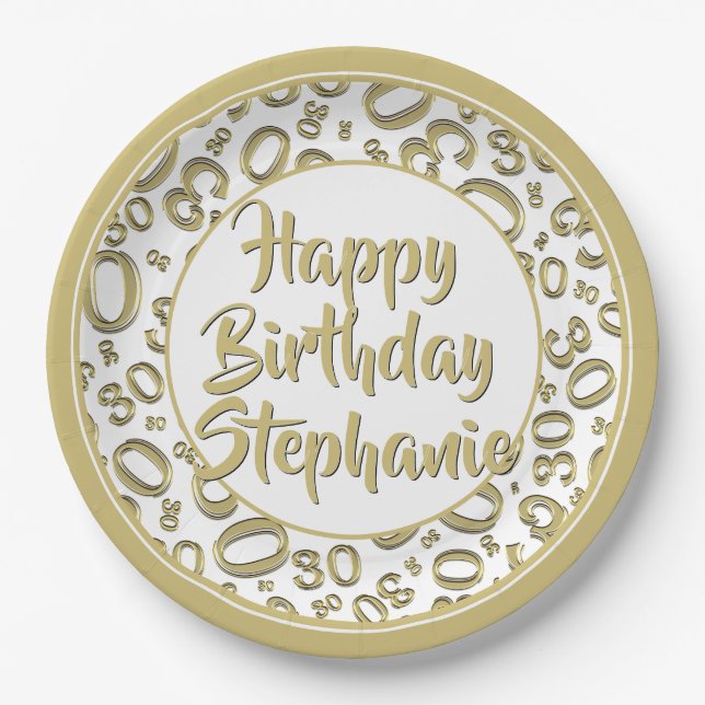 30. Party Zufallszahlenmuster Gold/Weiß Pappteller (Vorderseite)