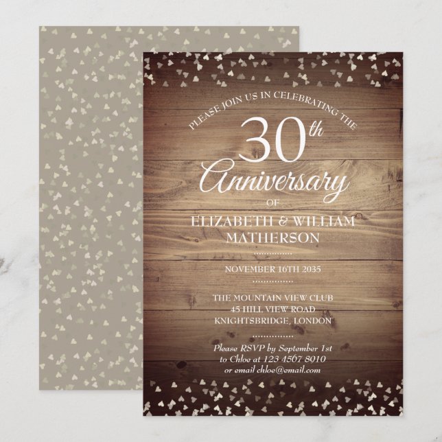 30. Pearl Anniversary Rustic Wood Confetti Einladung (Vorne/Hinten)