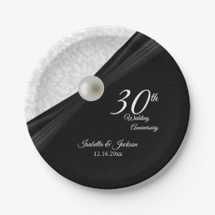 30. Pearl & Black Wedding Jubiläum Design Pappteller