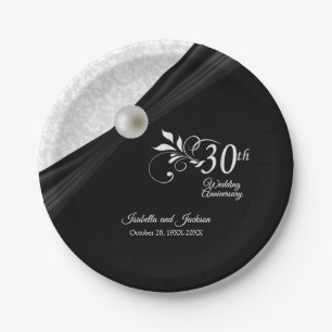 30. Pearl & Black Wedding Jubiläum Design Pappteller