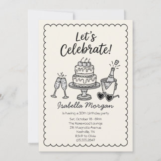 30. Retro-Champagner-Torte-Birthday Einladung