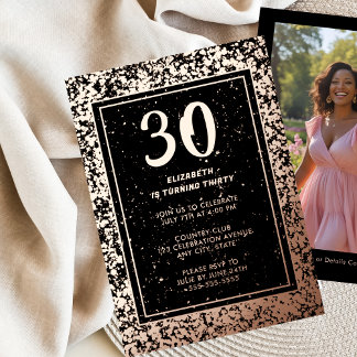 30. Schwarze Rose Gold Foto auf Back Custom Templa Folieneinladung