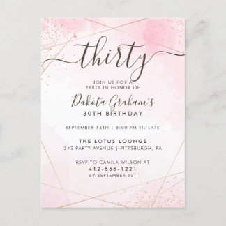30. Script Watercolor Pink Geburtstagspartei Einladungspostkarte