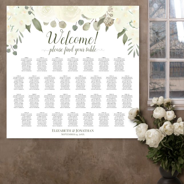 30 Tabelle Elfenbeinrosen Hochzeitstabelle Poster (In Situ on Wall with Flowers)
