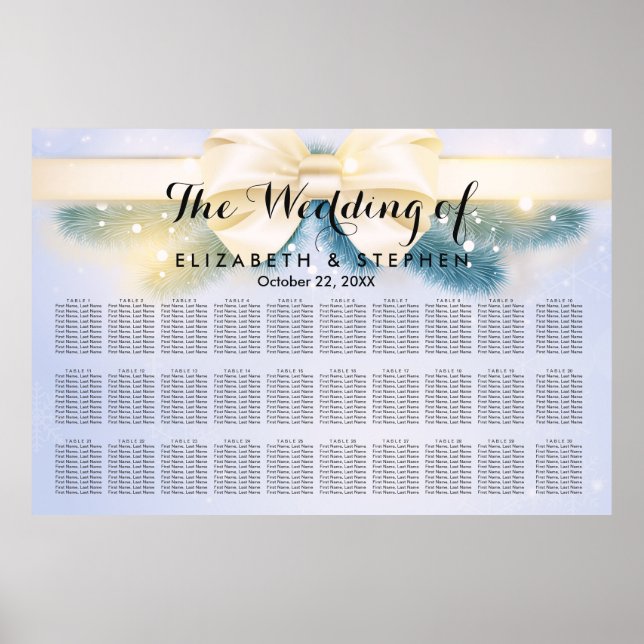 30+ Tables Blue Gold Ribbon Wedding Chart Poster (Vorne)