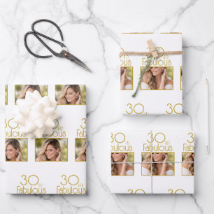 30 und Fabelhaft Gold Weiße Foto 30. Geburtstag Geschenkpapier Set