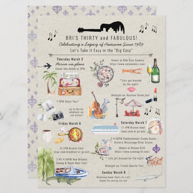 30 und Fabulous | New Orleans Birthday Itinerary Einladung (Vorne/Hinten)