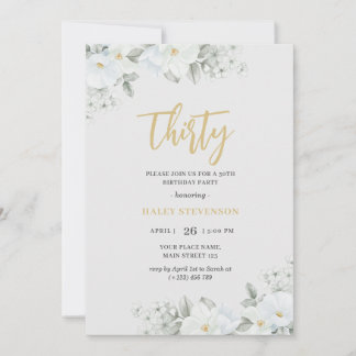 30 White & Gold Elegante Weißblume Geburtstag Einladung