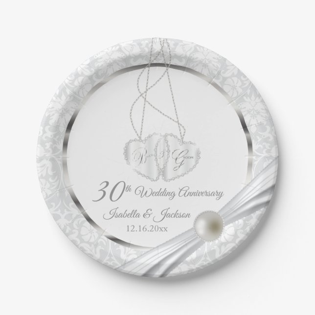 30. White Pearl Wedding Jubiläum Design Pappteller (Vorderseite)