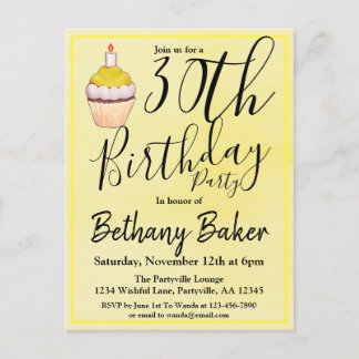 30. Yellow Cupcake Watercolor Geburtstag Einladungspostkarte