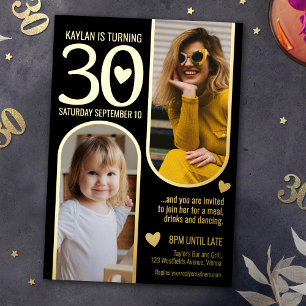 30. zwei Bögen Geburtstag schwarze goldene Herzen Folieneinladung