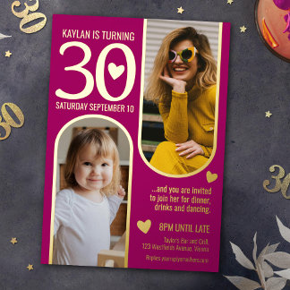 30. zwei Bögen Geburtstag tiefe rosa goldene Herze Folieneinladung