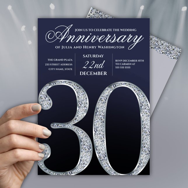 30th Anniversary Diamond Silver Navy Blue Einladung (Von Creator hochgeladen)