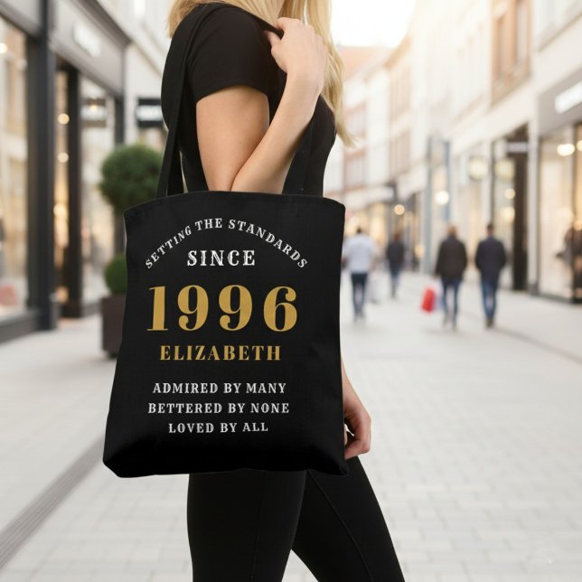 30th Birthday 1996 Black Gold For Her Personalized (Born 1996 birthday tote bag. Background out of focus.)
