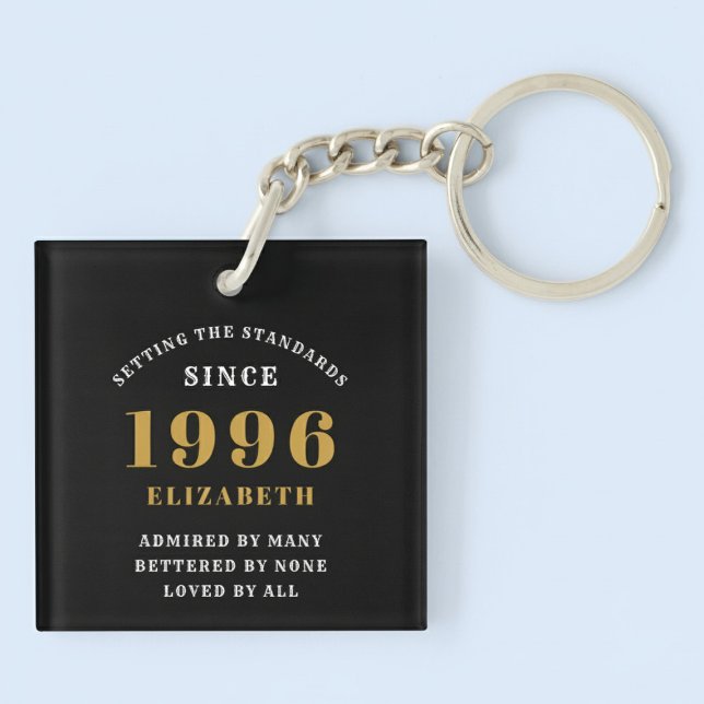 30th Birthday 1996 Black Gold Personalized Schlüsselanhänger (Born 1996 birthday keychain. Pastel background.)