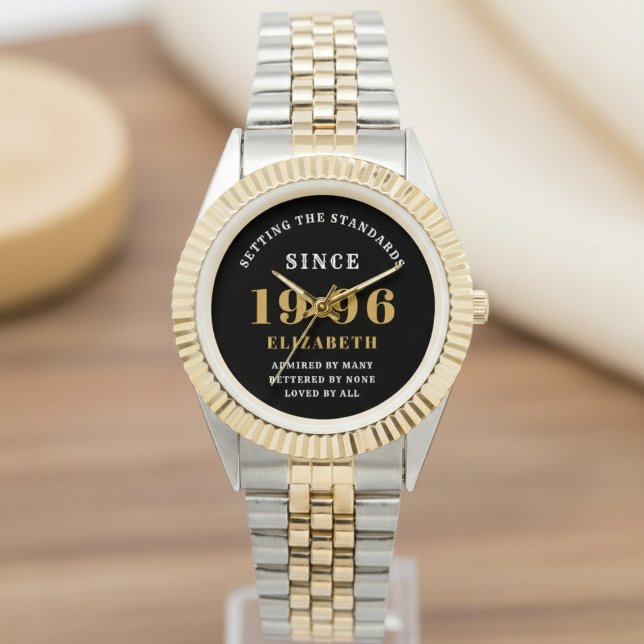 30th Birthday 1996 Elegant Black White Chic Armbanduhr (Born 1996 Birthday watch. Background out of focus.)