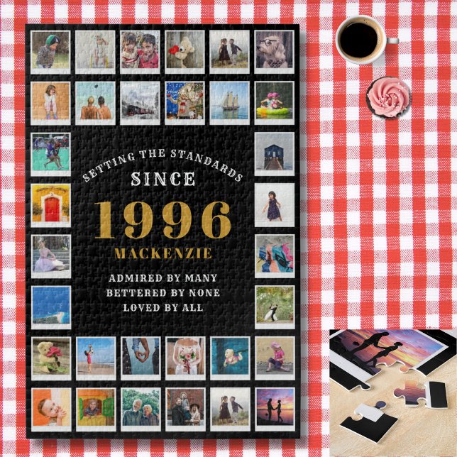 30th Birthday 1996 Family Memories Photo Collage  Puzzle (1996 Jigsaw photo template. Checked tablecloth background)