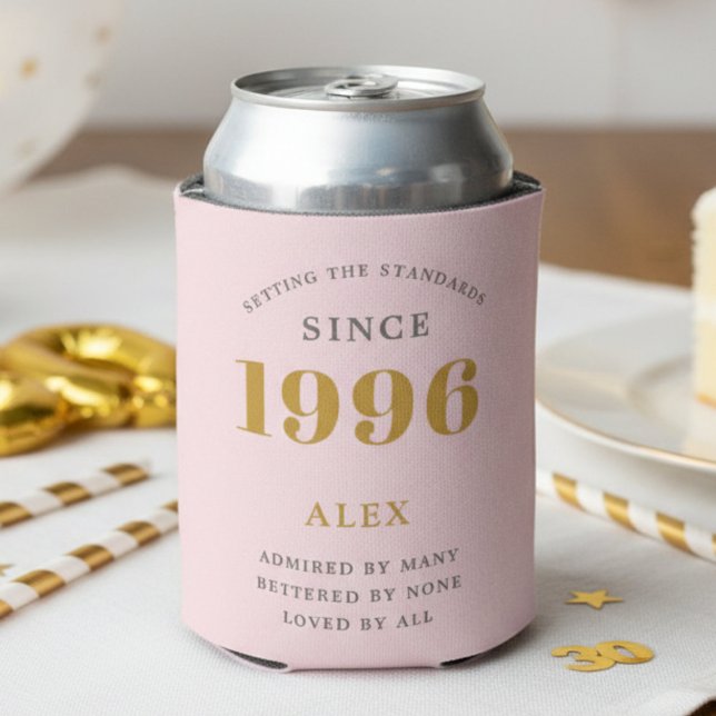 30th Birthday 1996 Keepsake Elegant Personalized Dosenkühler (1996 pink can cooler with white background)