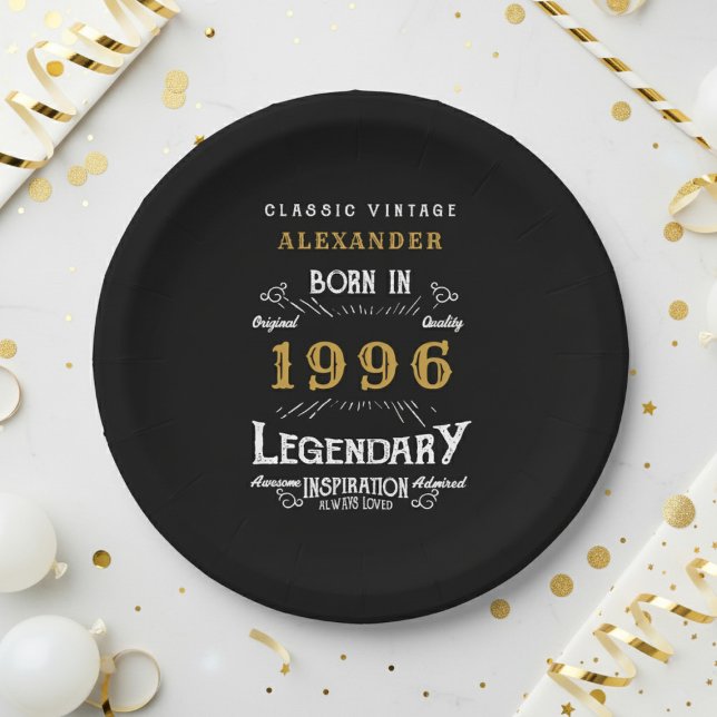 30th Birthday 1996 Legendary Retro Pappteller (1996 black paper plate on a white and gold background)