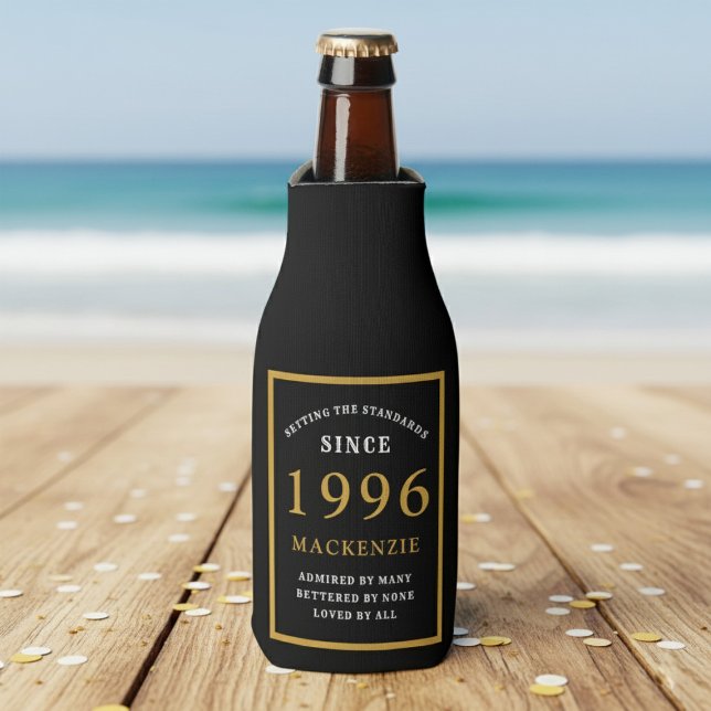 30th Birthday 1996 Name Elegant Chic Black Gold Flaschenkühler (Born 1996 bottle cooler. Beach background.)