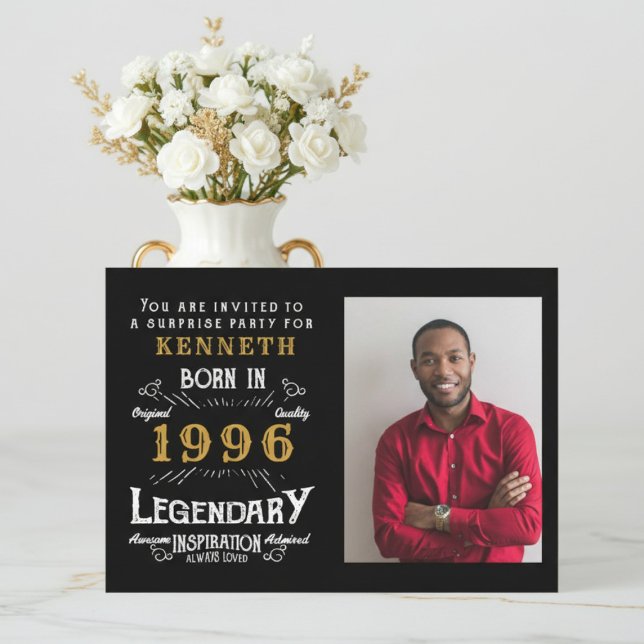 30th Birthday 1996 Vintage Black Gold Personalized Einladung (1996 party invitation. White background.)