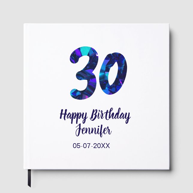30th birthday add name date year blue sparkle  gästebuch (Vorderseite)