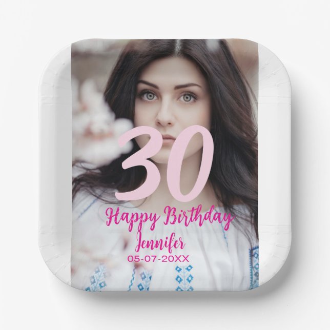 30th birthday add name date year white photo pappteller (Vorderseite)