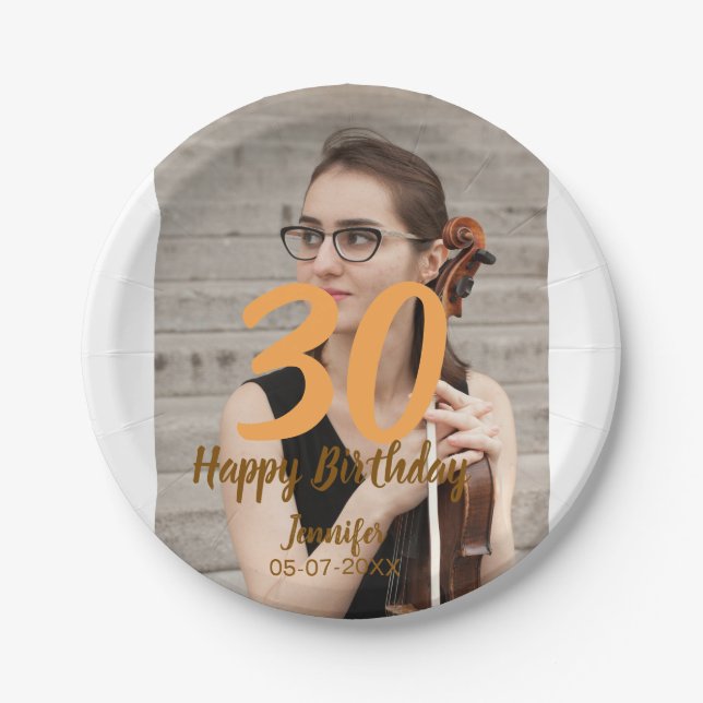 30th birthday add name date year white photo pappteller (Vorderseite)