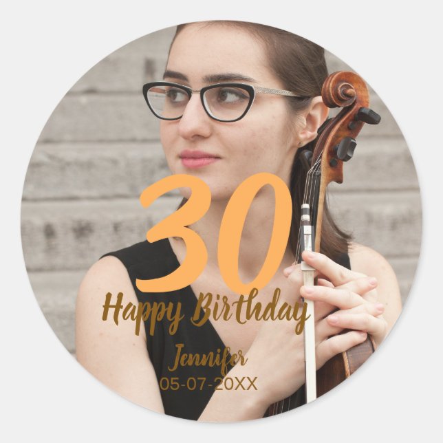 30th birthday add name date year white photo runder aufkleber (Vorderseite)