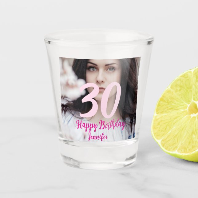 30th birthday add name date year white photo schnapsglas (Vorderseite)