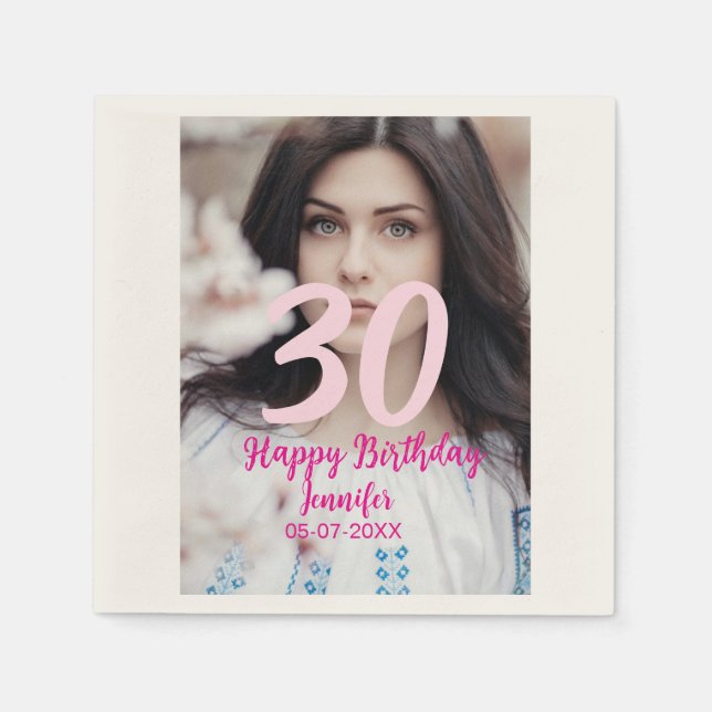30th birthday add name date year white photo serviette (Vorderseite)