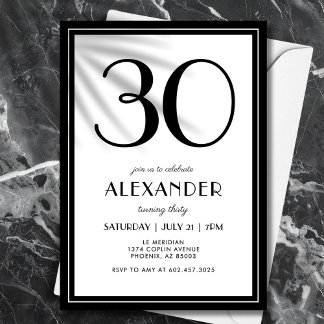30th Birthday Black and White Modern Minimalist  Einladung
