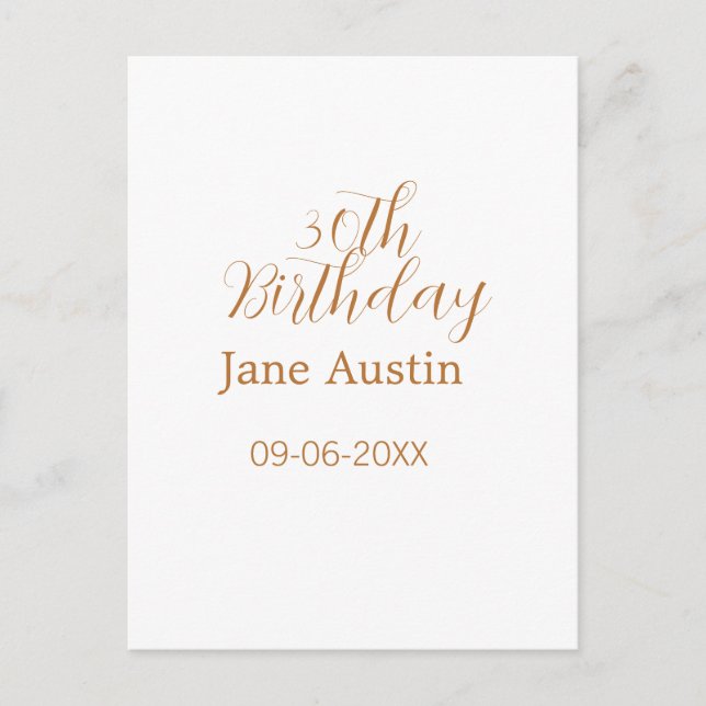 30th birthday copper brown simple stylish name dat postkarte (Vorderseite)