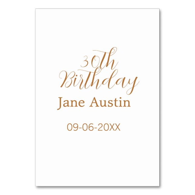 30th birthday copper brown simple stylish name dat tischnummer (Vorderseite)