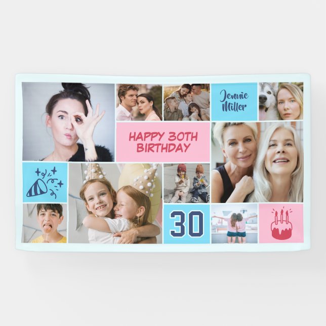30th Birthday Custom Photo Collage Pink Blue Banner (Horizontal)