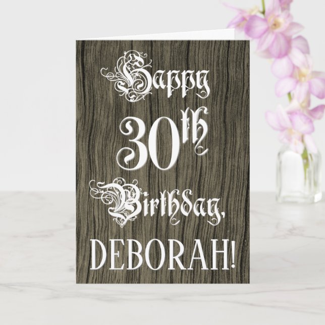 30th Birthday: Fancy, Elegant Text; Faux Wood Look Karte (Orchidee)