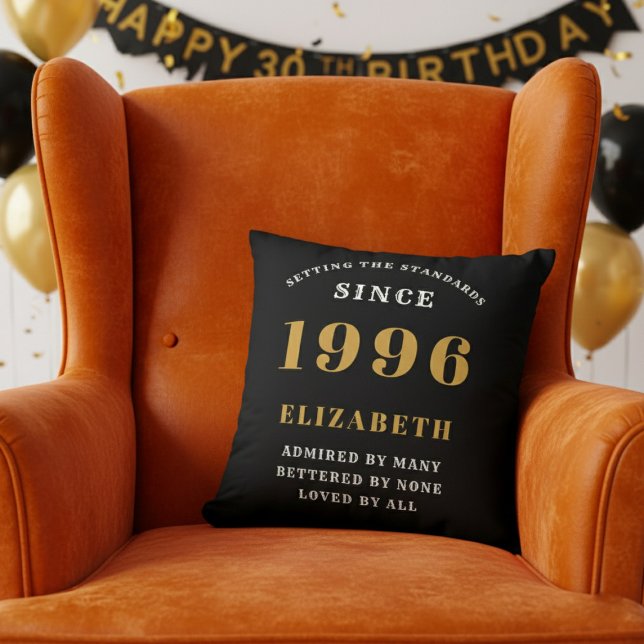 30th Birthday Gift Personalized 1996 Black Gold Kissen (1996 throw pillow in orange chair.)